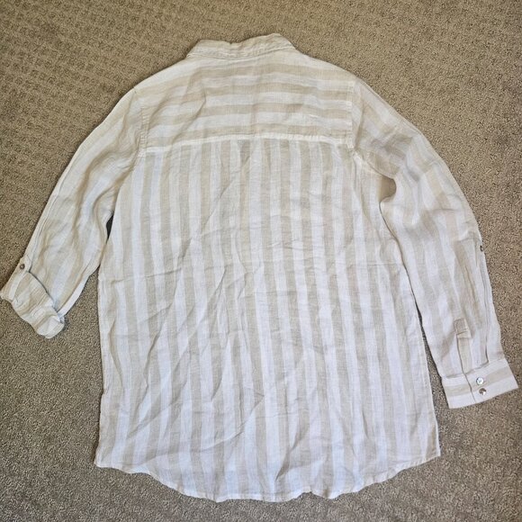 Sigrid Olsen 100% Linen Women's Top SZ Medium stripes Cream Coastal Beach Summer - Picture 8 of 13